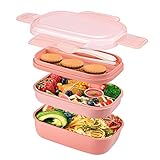 Revivoer Lonchera con Tres Capas, Fiambrera Termica con Tenedor y Cuchara Apta para Microondas y Lavavajillas Ideal Bento Box y Loncheras para Niños para Llevar al Trabajo o la Escuela (Rosa)