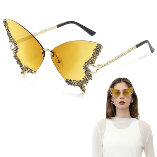 Lunettes de Soleil Papillon, Lunettes de Soleil Femme Sans Monture, Butterfly Sunglasses, Sunglasses Forme de Papillon, avec Strass et Dégradé, Accessoires de Fête...