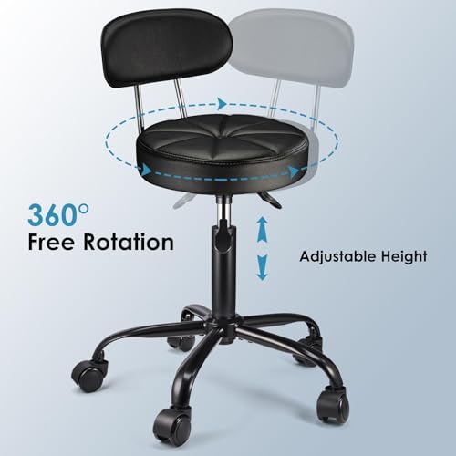 Image of PU Leather Rolling Stool with Back Support Height Adjustable Swivel Stool Chair with Wheels Drafting Chair for Spa Slaon Massage Stable Base Foot Black