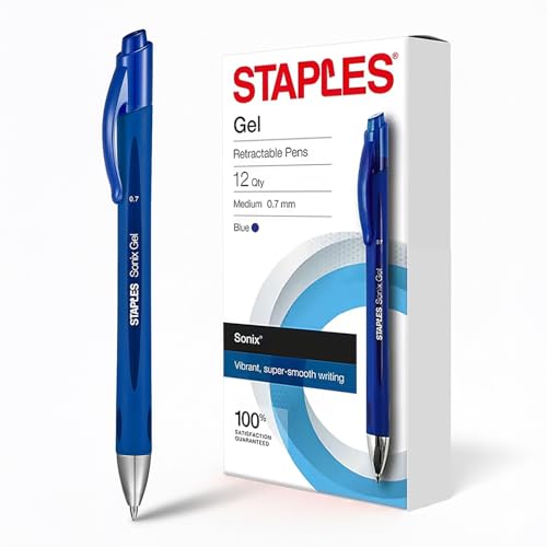 STAPLES Retractable Gel Pens, Medium Point 0.7mm, Blue Ink, 12 Pack – Sonix Smooth‑Writing Gel Pens with Rubberized Grip