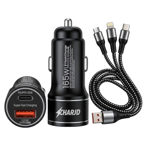 Image of 165W Black Car Charger Fast Charging 120W SuperVOOC & 45W PD Dual Port Car Charger Type C and Usb A Charging with 3 in 1 Grey Cable Fast Charging Premium Car Mobile Charger for Laptops & Phones