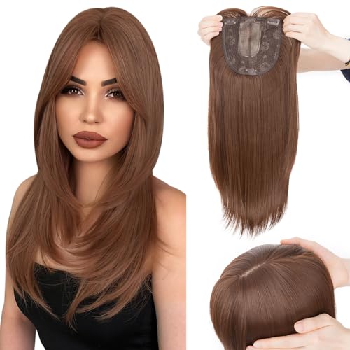 Hairro Hair Toppers with Bangs for Women, 6"x6" Base Add Volume Length with Invisible Clips In Hairpieces Synthetic Wiglets, for Daily Use/Halloween/Cosplay, 18 Inch Medium Brown