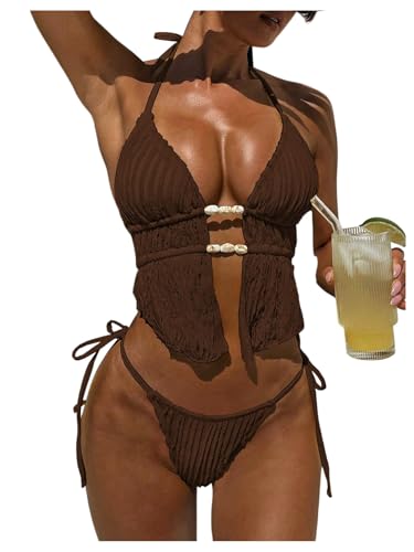 Image of RoseSeek Women's 2 Piece Boho Polka Dots Beaded Bikini Sets Sexy Swimsuits
