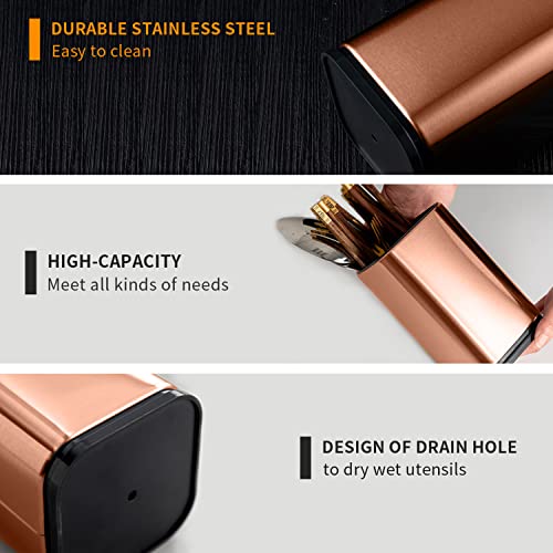 Abcdef Stainless Steel Kitchen Utensil Holder For Countertop Large Caddy Organizer Rust Proof & Weighted Base Stability, Rectangle Organizer, Cooking Crock, Rose Gold (M) #TOP2