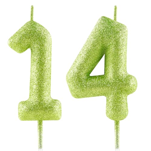 FUNCANDLE 2.36inch Glitter Green Birthday Candles,Number 14 Candle,Happy 14th Birthday Candles fors Cake Topper Girls Boy Party Celebration Anniversary Decoration