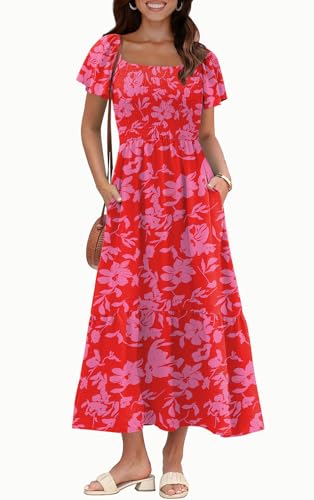 Image of OFEEFAN Summer Dresses for Women Square Neck Ruffle Sleeve Smocked Maxi Dress with Pockets