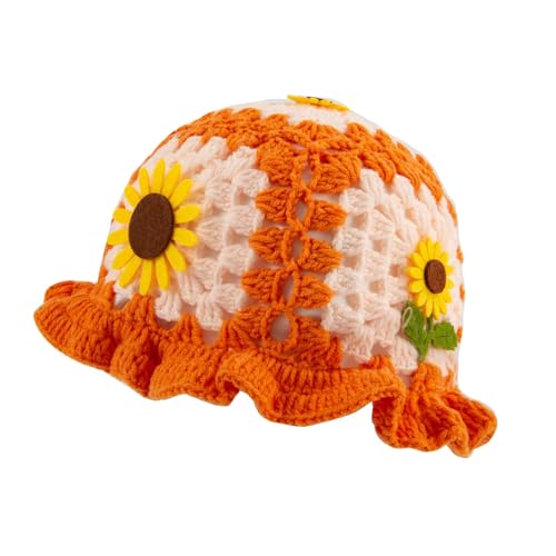 Orange Crochet Bucket Hat for Women Crochet Hat Handmade Knitted Hat Foldable Floral Crochet Beanie Hat for Women Outdoor