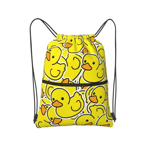 Image of Yellow Duck Drawstring Bag, Waterproof Drawstring Bckpack for Gym Sports Birthday Party Gift, Women Men Sackpack Bag with Front Zipper Pocket and Inside Zipper Pocket