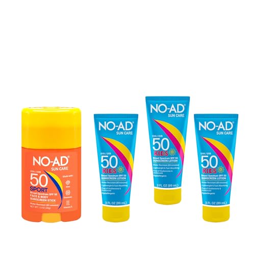 NO-AD Kids Sunscreen Bundle: SPF 50 Lotion (3 oz, Pack of 3) + SPF 50 Sport Stick (1.5 oz), Broad Spectrum UVA/UVB Protection, Water Resistant, Non-Greasy, Suitable for All Skin Types, Family & Travel