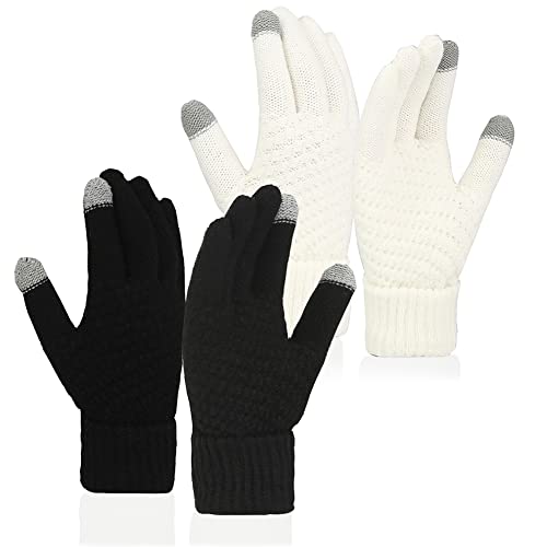 meioro 2 Pairs Women's Winter Gloves Touchscreen Warm Wool Knit Lining Glove,Touch Screen Elastic Cuff Texting Thermal Gloves (Black,White, 2 Pairs)