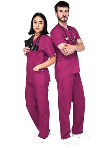 MAZALAT work wear - Ensemble de vêtements médicaux professionnels unisexes, tuniques pour femme et homme, uniforme pour professionnels de santé, moderne, coupe souple et confortable, tissu respirant, bordeaux, L