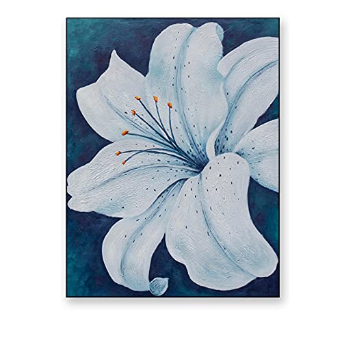 Toile art moderne fleur blanche 60x90cm nordique et bleu pour salon
