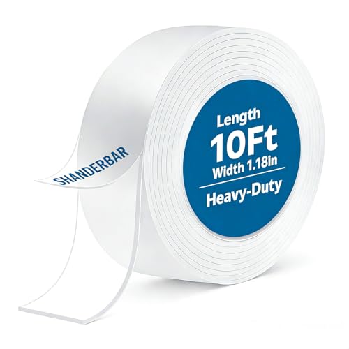 SHANDERBAR Nano Double Sided Tape Heavy Duty - 9.8ft Removable Clear Mounting Tape for Walls, Carpet, Rug & DIY – Strong Two Sided Adhesive Tape – No Residue, Washable, Traceless