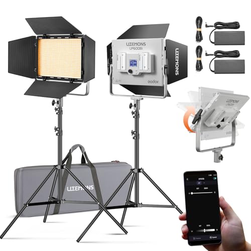 Godox Litemons LP600Bi 60W Bi-color LED Light Panel 2-Light Kit, 2-Pack with Light Stand, Carrying Case, Battery Power, 2800-6500K, 9020lux@0.5m,APP Control for YouTube Video Recording, Live Streaming