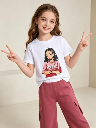 Image of Ayzozuy Kid Girl Clothes Outfits Figure Letter Graphic Tee Top + Flap Pocket Pants 2PC Clothing Set