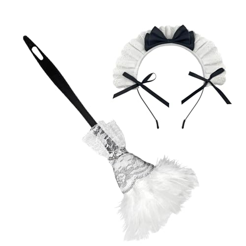 gagift world French Maid Accessories Kit Soft White Feather Duster and Lace Headband Prop for Costumes Halloween and Themed Parties