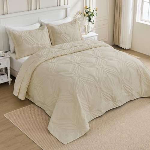 Image of Kingnex Oversized King Bedspreads 128x120 for Tall King or Cal King Bed Ultrasonic Quilted Coverlet Set 3 Piece Include 1 Extra Wide Quilt 2 Pillowcases Beige
