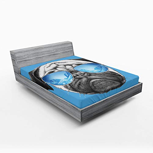 Ambesonne Pug Fitted Sheet, Dog Portrait Mirror Sunglasses Hand Drawn Illustration of Pet Animal Funny, Bed Cover with All-Round Elastic Pocket for Comfort, California King, Pearl Blue