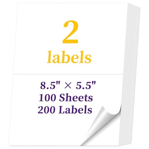 100 Sheets 200 Labels Half Sheet Shipping Labels 8.5" x 5.5" Self Adhesive Sticker Sheets for Laser & Inkjet Printers,2 Per Page Mailing Labels