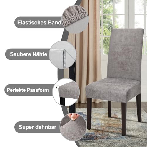 Alishomtll Sämischleder Stuhlhussen 6er Set Stretch PU Stuhlbezug Schwingstühle Elastische Hussen für Stühle Abnehmbar Esszimmer Stuhlbezüge Freischwinger für Küche Restaurant Hotel (Grau, 6 Stück)
