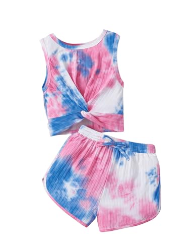 Image of Floerns Girl's 2 Piece Outfit Tie Dye Knitted Crop Tank Top and Track Shorts Sets Pink 11-12Y