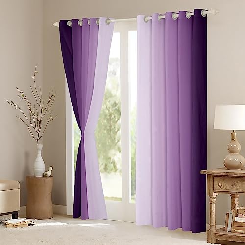 Homemissing Purple and White Darkening Drapes Gradient Style Curtains for Bedroom Living Room For Kids Women Men Ombre 30%-50% Blackout Curtains Geometric Window Treatments W52*L63 - Image 3