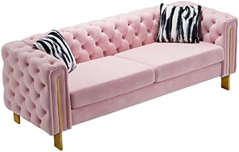 Dolonm Modern Velvet Sofa for Living Room, 84 Inches Long Tufted Couch Upholstered Sofa with 2 Pillows High Arm and Metal Legs Decor Furniture for Bedroom, Office (Pink)