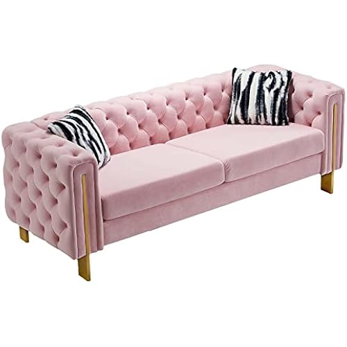Dolonm Velvet Tufted Sofa for Living Room, 84" Mid-Century Modern Couch with 2 Throw Pillows, High Arms & Gold Metal Legs, Luxury Chesterfield Furniture(Pink)
