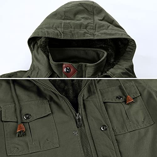 Hijewe Men's Cotton Military Jacket Winter Thicken Fleece Lining Jacket Mid Length Cargo Coat Warm Field Outwear With Removable Hood Parka #TOP3