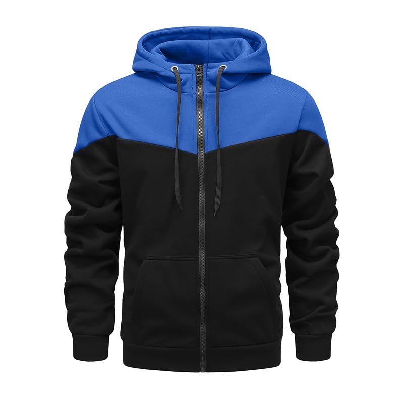 CTU Mens Fleece Hoodies Zip up Hooded Sweatshirt Patchwork Casual Hoody Contrast Color Top Long Sleeve Warm Jacket Blue M
