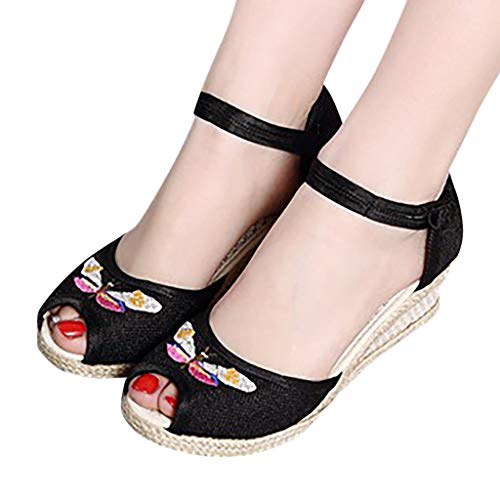 Singles Shoes Sandals For Women Retro Linen Canvas Wedge Round Toe Casual Sandals Walk Shoes Black #TOP2
