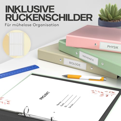 ACROPAQ – 4 x Ringordner A4 schmal, Ordner A4 in 4 Farben mit 2 Ringen – inkl. Rückenetiketten – Ordner schmal für bis zu 200 Blätter – Rückenbreite 4 cm – Büro, Schule, Uni – Farben Erde, Natur