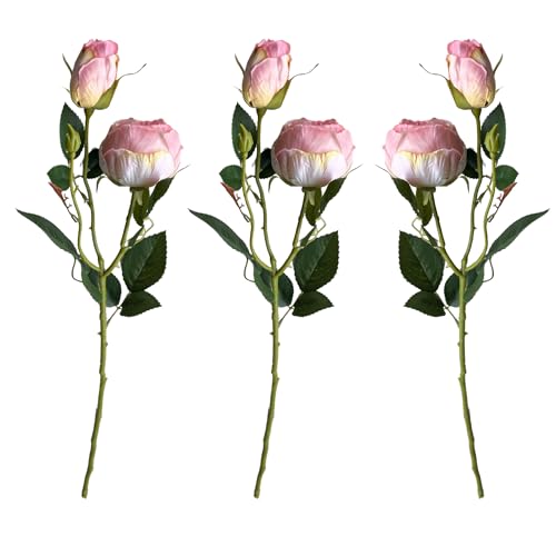 Lot de 3 roses artificielles en soie de qualité supérieure de 55 cm - 2 roses et 1 bourgeon par branche - Fleurs artificielles réalistes pour mariage, décoration de table, bouquet de mariée, fête,