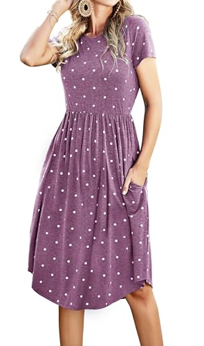 Womens Summer Pockets Modest Work Casual Swing Midi Knee Length Dress Pink L