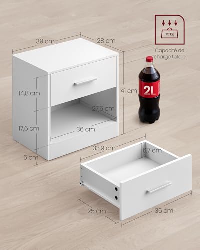 Table de Nuit Moderne Blanc, Tiroir Silencieux VASAGLE