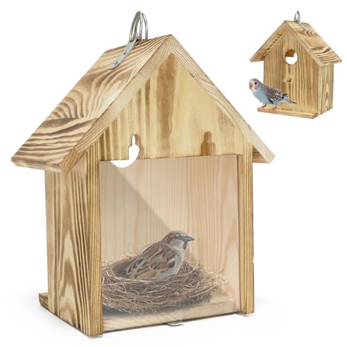 Window Bird Houses for Outside with 2 Powerful Hooks Hanging Bird House for Viewing Inside Wooden Hummingbird Houses to Paint for Outdoors Bird Nesting Box for Bluebird Finch Chickadee