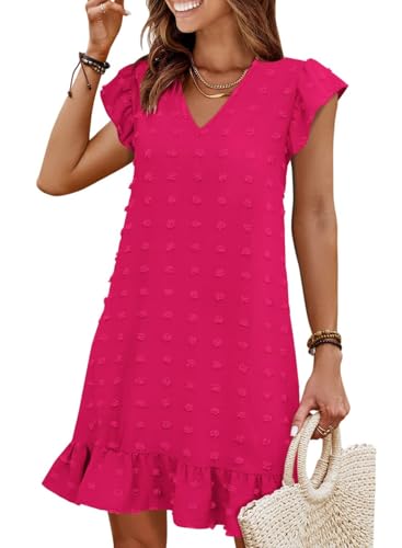 Image of QACOHU Spring Summer Dresses for Women 2026 V Neck Cap Sleeve Ruffle Hem Smock Short Casual Beach Dress