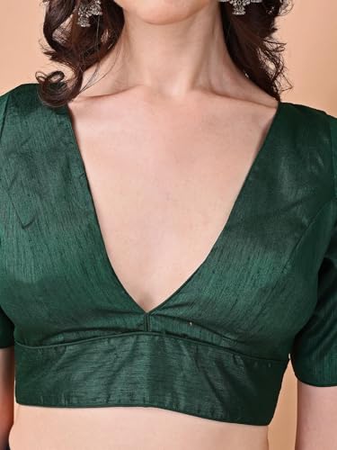 Image of Womanista Women's Dupion Silk Half Sleeve Solid V Neck Readymade Saree Blouse Stylish