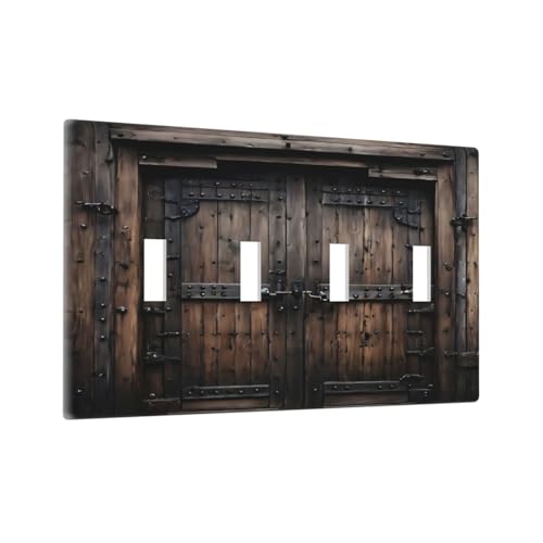 Decorative Light Switch Cover Plate Retro Brown Wood Barn Door Vintage Farmhouse 4 Gang Wall Plate Oversized Quad Toggle Switch Cover Plate Jumbo Faceplate