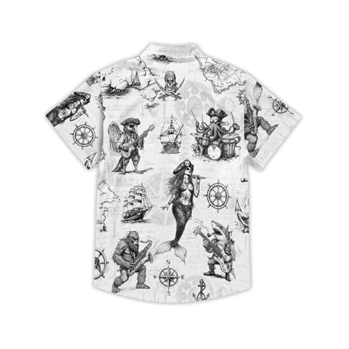 Image of THE PIRATE KING Funny Pirate Hawaiian Shirt Boys Girls Beach Tropical Casual Short Sleeve Button Down Shirt for 5-14 Years