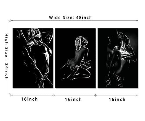 Gnyng 3 Pieces Sexy Wall Art Black And White Nude Couple Canvas Painting Sexy Body Women Man Wall Art Poster Print Wall Picture For Room Home Decor Wooden Frame Is Easy Hang -48" W×24" H #TOP4