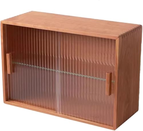 Armario de almacenamiento de madera maciza de 2 niveles con puertas de cristal para taza de té para sala de estar, dormitorio, baño y oficina, acabado natural