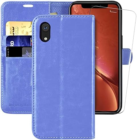 MONASAY iPhone XR Wallet Case,6.1-inch, [Glass Screen Protector Included] Flip Folio Leather Cell Phone Cover with Credit Card Holder for Apple iPhone XR Light blue