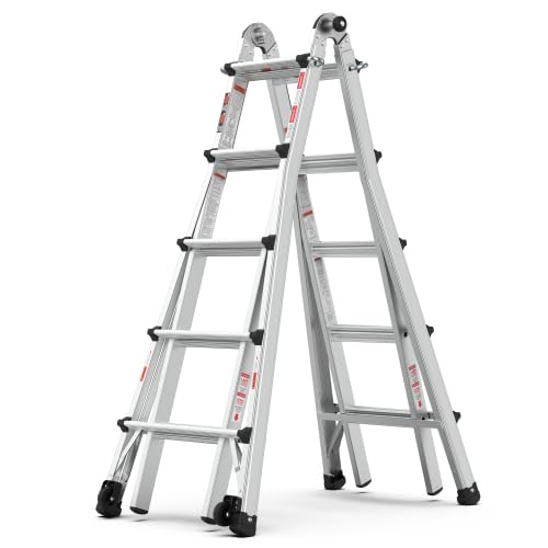 22 FT Aluminum Multi-Position Foldable Ladder with Wheels, 5-in-1 Extension Ladder with Wide Anti-Slip Steps & Secure Hinge Locks for Home Indoor Outdoor Professional Use, 300 lbs Rated.