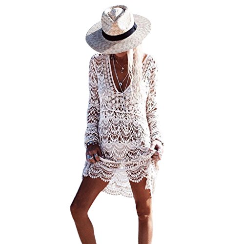 ZKOOO Mujeres Sexy Larga Mangas Hueco Borlas Vestido de Kaftan Playa V-Cuello Crochet Traje De Baño Bikini Ropa De Caftanes Playa Cover Up Blanco