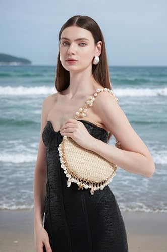 Women Pearl Straw Clutch Purse Woven Summer Beach Evening Bag Wedding Party Straw Shoulder Handbag4