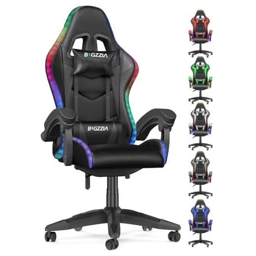 bigzzia Gaming Stuhl mit LED - Gaming Sessel Ergonomischer PC Stuhl mit Kopfstütze, Gaming Chair RGB Licht Beleuchtung Computerstuhl, Gamer Stuhl für Jugendliche und Erwachsene, Schwarz