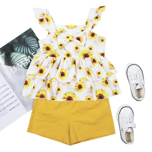 Image of Baby Girls Clothes Sleeveless Ruffle Bowknot Dress Top Toddler Floral Tops and Shorts Pants Sets Summer Outfit