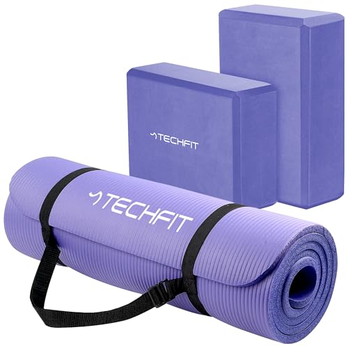 TechFit Set Blocchi Yoga, Tappetino 180x60x1 cm, Spesso Antiscivolo EVA Alta Densità 2 Mattoncini 22,5x15x7,6cm Pilates Stretching Cinghia Trasporto Ecologico
