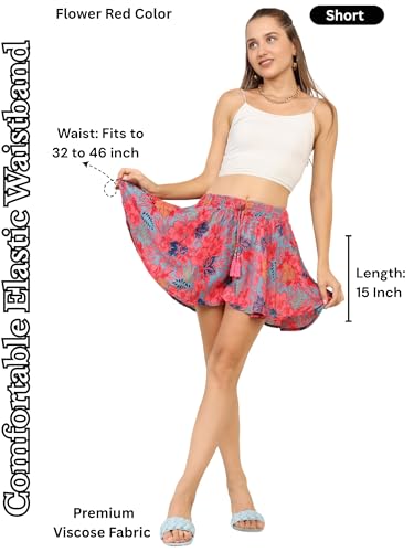 Image of KE KANHA EXPORTS Women's Boho Printed Viscose Flared Shorts | Skort‑Style Silhouette | Elastic Waist with Tassel Drawstring | Lightweight Summer Casual